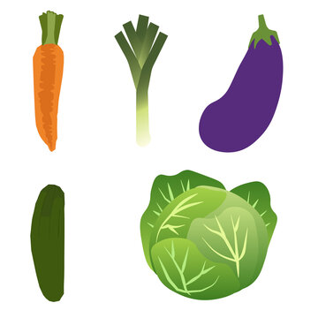Set of vegetables with carrot, leek, eggplant, cucumber and cabbage. PNG illustration isolated on transparent background.