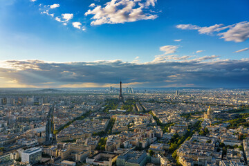 Aerial panorama of Paris with Eiffel Tower. France