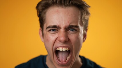 Yelling angry frustrated closeup portrait of young man 20s isolated isolated on yellow background.