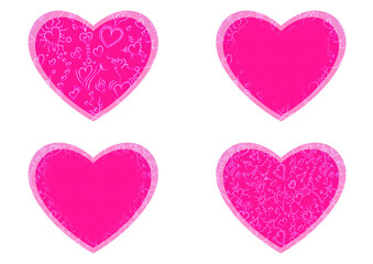 Fototapeta na wymiar Set of 4 heart shaped valentine's cards. 2 with pattern, 2 with copy space. Neon plastic pink background and glowing pattern on it. Cloth texture. Hearts size about 8x7 inch / 21x18 cm (pv01ab)