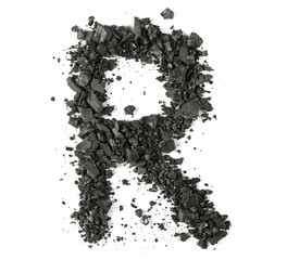 Black coal pile, alphabet letter R, isolated on white, clipping path