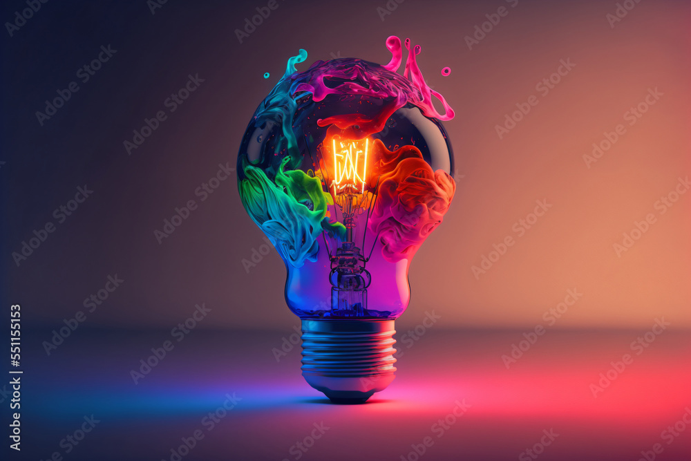 Canvas Prints a colorful glowing idea bulb lamp, visualization of brainstorming, bright idea and creative thinking
