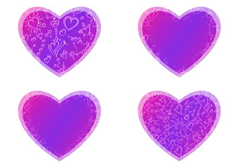 Set of heart shaped valentine's cards. 2 with pattern, 2 with copy space. Neon gradient proton purple to plastic pink, glowing pattern on it. Cloth texture. Heart size 8x7 inch / 21x18 cm (pv01ab)