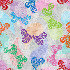 Colorful spring seamless pattern with vintage butterflies and flowers and paisley on a spotty background. Vector 