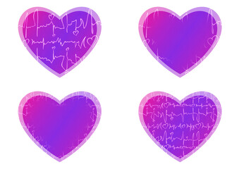Set of heart shaped valentine's cards. 2 with pattern, 2 with copy space. Neon gradient proton purple to plastic pink, glowing pattern on it. Cloth texture. Heart size 8x7 inch / 21x18 cm (pv03ab)