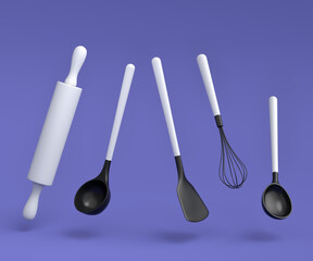 Wooden kitchen utensils, tools and equipment on violet background.