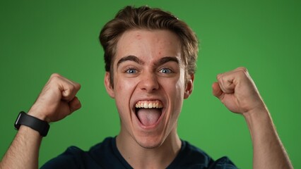 Closeup slow motion excited jubilant overjoyed young man 20s doing winner gesture celebrate clenching fists say yes isolated on green screen background studio portrait