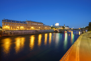 Pont d'Arcole near Dieu hospital at dawn by Seine river in Paris. France