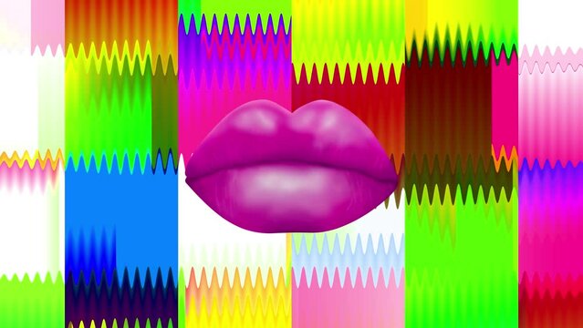 Animation illustration of woman's beautiful hot lips lbgt floating over rainbow square and wavy motion background. Contemporary psychedelic video in pop art style in trendy symbol romance design