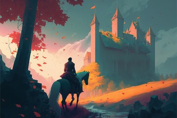 illustration numérique d'un cavalier devant un château fantastique, paysage d'automne - obrazy, fototapety, plakaty
