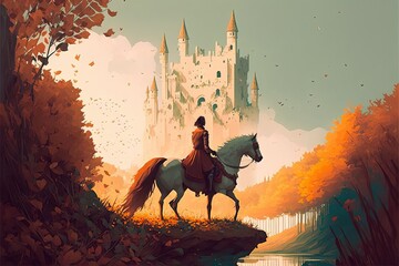 illustration numérique d'un cavalier devant un château fantastique, paysage d'automne - obrazy, fototapety, plakaty
