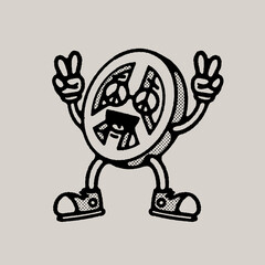 Retro Vintage Peace Sign Mascot Cartoon Character