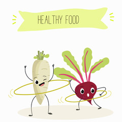 Vector illustration of funny cartoon character beetroot, radish twist hoops, healthy food, kitchen, ingredients, kids t-shirt design.