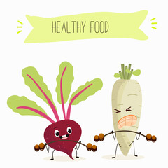 Vector illustration of funny cartoon character beetroot, radish lift the barbell, healthy food, cuisine, ingredients, kids t-shirt design.