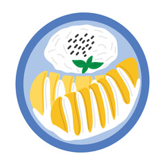 Mango sticky rice - traditional Asian dessert made with mango, rice, coconut milk. Simple hand drawn flat style doodle vector illustration. Thai food. Cuisine of Philippines.