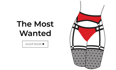 Abstract woman in sexy red and black lingerie line art. Lady wearing mesh stockings in cute romantic little hearts. Vector illustration concept for a webshop advert. 