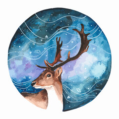 Hand drawn watercolor illustration. Wild deer with horns on background of northern lights.