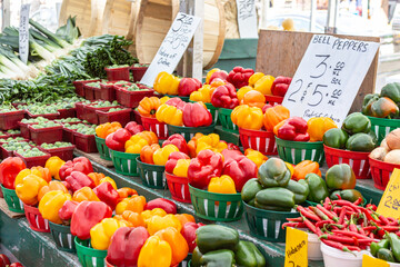 Different varieties of peppers at a farmer's market