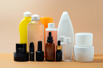 Big set of micellar water, facial tonic, close-up