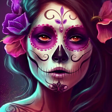 Woman with facial painting, day of the dead holiday. Generative AI