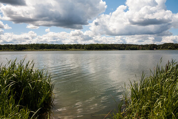 Picturesque landscape with a cloudy sky and a wide river. In the distance, across the river, there is a forest. An image as a background for your travel and nature illustrations.