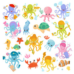 Funny Marine and Sea Animals with Octopus, Crab, Fish and Jellyfish Floating Underwater Vector Set
