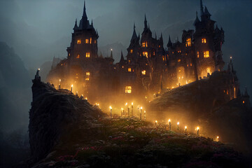 Fairytale mysterious old castle city dramatic lighting hyperrealistic digital illustration.
