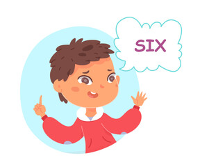 Kid counting to six vector illustration. Cartoon isolated cute preschool boy inside blue figure showing 6 fingers gesture to count and study numbers, arithmetic and basic math in kindergarten