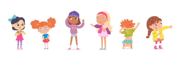 Kids dressing up set, isolated confident adorable girls and boys put up clothes by himself