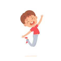 Smiling boy jumping for joy and hands up. Cute child wearing t-short and jeans, isolated person on white background. Vector character illustration of children gestures, emotions, types of moods