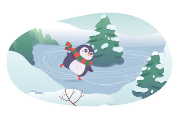 Cute penguin skating vector illustration. Cartoon isolated fun pose of animal skater character with skates and scarf on ice rink, sport and winter leisure in cold season of funny penguin in forest
