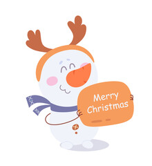 Cute snowman greeting with winter holidays, character holding Merry Christmas banner