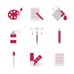 Icons for graphic design. Designer tools. In color of 2023 - Viva Magenta. Website elements on white