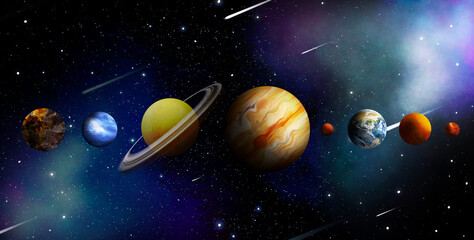 Many different planets, comets and stars in open space, illustration. Banner design