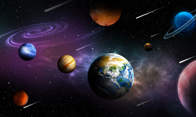 Galaxy with stars, comets and planets, banner design. Fantasy world