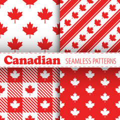 Canadian vector seamless patterns collection. Red maple leaves and stripes on white background. Best for textile, wallpapers, decoration, wrapping paper, package and web design.