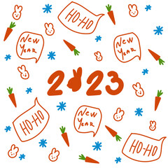 Background for the New Year holidays. Greeting card with New Year 2023 lettering in doodle background of snowflakes and Christmas trees. Merry Christmas and Happy New Year for posters, holiday covers