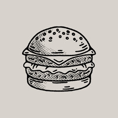Fototapeta premium Retro Vintage Hand Drawn Restaurant Hamburger Cheeseburger with Halftones Design