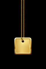 Fototapeta premium Empty square golden military or dogs badge hanging on chain. Vector army object isolated on black background. Pendant with blank space for identification, blood type in case of death and injury