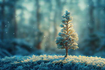 Beautiful sunlit little fir tree covered with frost in the snowy winter forest, AI generated image