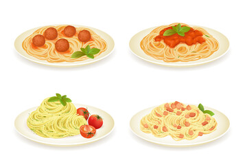 Set of spaghetti dishes isolated on white - obrazy, fototapety, plakaty