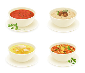 Different types of soup isolated on white background vector