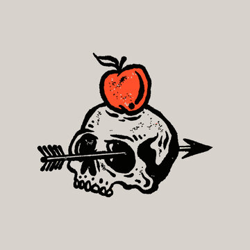 Vintage Grunge Hand Drawn Skull Design with Bow and Arrow Shooting at Apple on Head