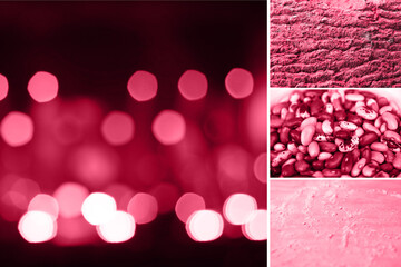 Defocus blurred abstract red bokeh background. Color of the year 2023. Viva magenta tint. Blurry music performance in rock band concert. Light holiday. Out of focus