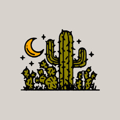 Vintage Western Country Desert Cactus, Stars and Moon Night Scene