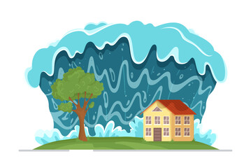 Vector illustration of tsunami. Tsunami waves approaching the beach. Natural disaster. The flooded city.