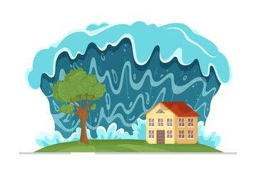 Naklejka premium Vector illustration of tsunami. Tsunami waves approaching the beach. Natural disaster. The flooded city.