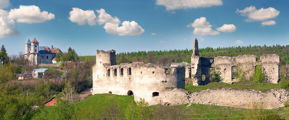 Spring view of Sydoriv Castle ruins (built in 1640s) and Katolitsky church (built in 1730-1741). Sydoriv village,  located 7 km south of Husiatyn, Ternopil region, Ukraine.