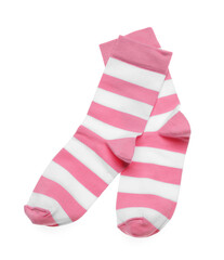 Striped socks on white background, top view