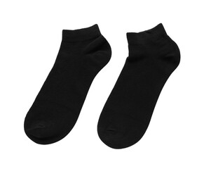 Pair of black socks on white background, top view